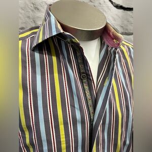 Robert Graham Colorful Striped Dress Shirt Grey‎ Yellow Blue Button Down Shirt